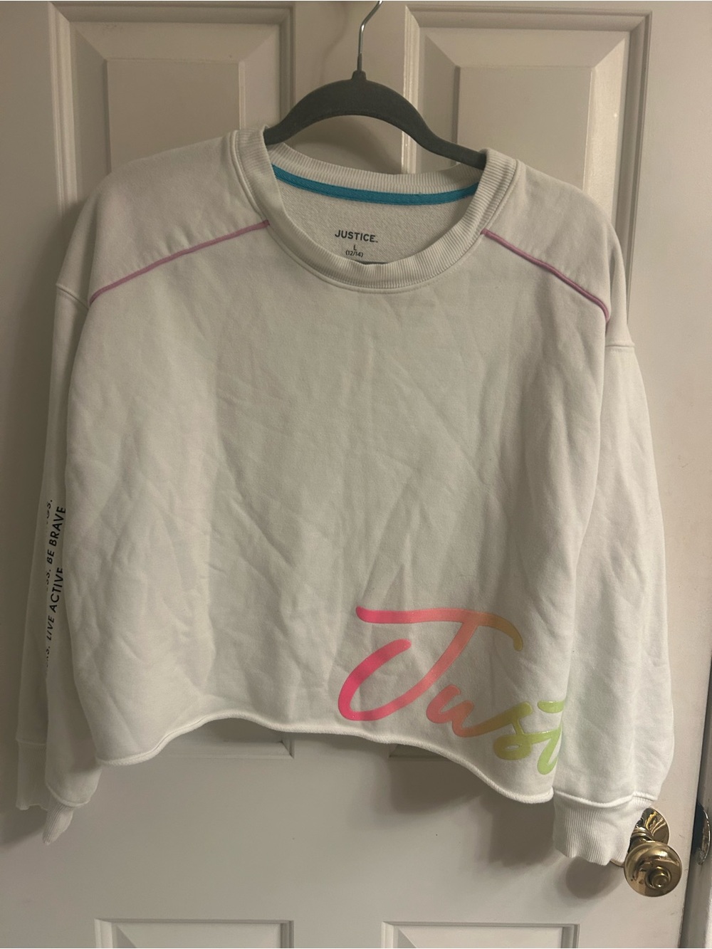 Girls Justice White Cropped Sweatshirt with Pastel Ombre Script